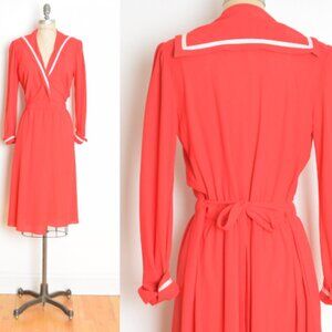 vintage 80s dress red rayon sailor collar wrap midi nautical M L